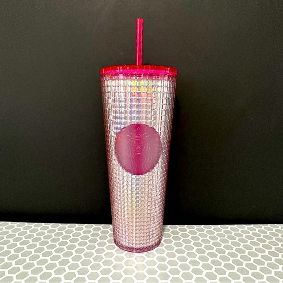 Starbucks Other - Starbucks New Summer 2023 Pink Silver Holographic Gridded Tumbler 24oz